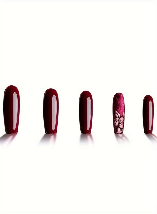 GRITOSE Coffin Press on Nails MediumLength Fake Nails Coffin Shape False Nails with Floral design Stick on Nails Full Cover Red Acrylic Artificial Nails Gel Glue on Nails for Women Reusable Nail Decor24pcs - Image 4